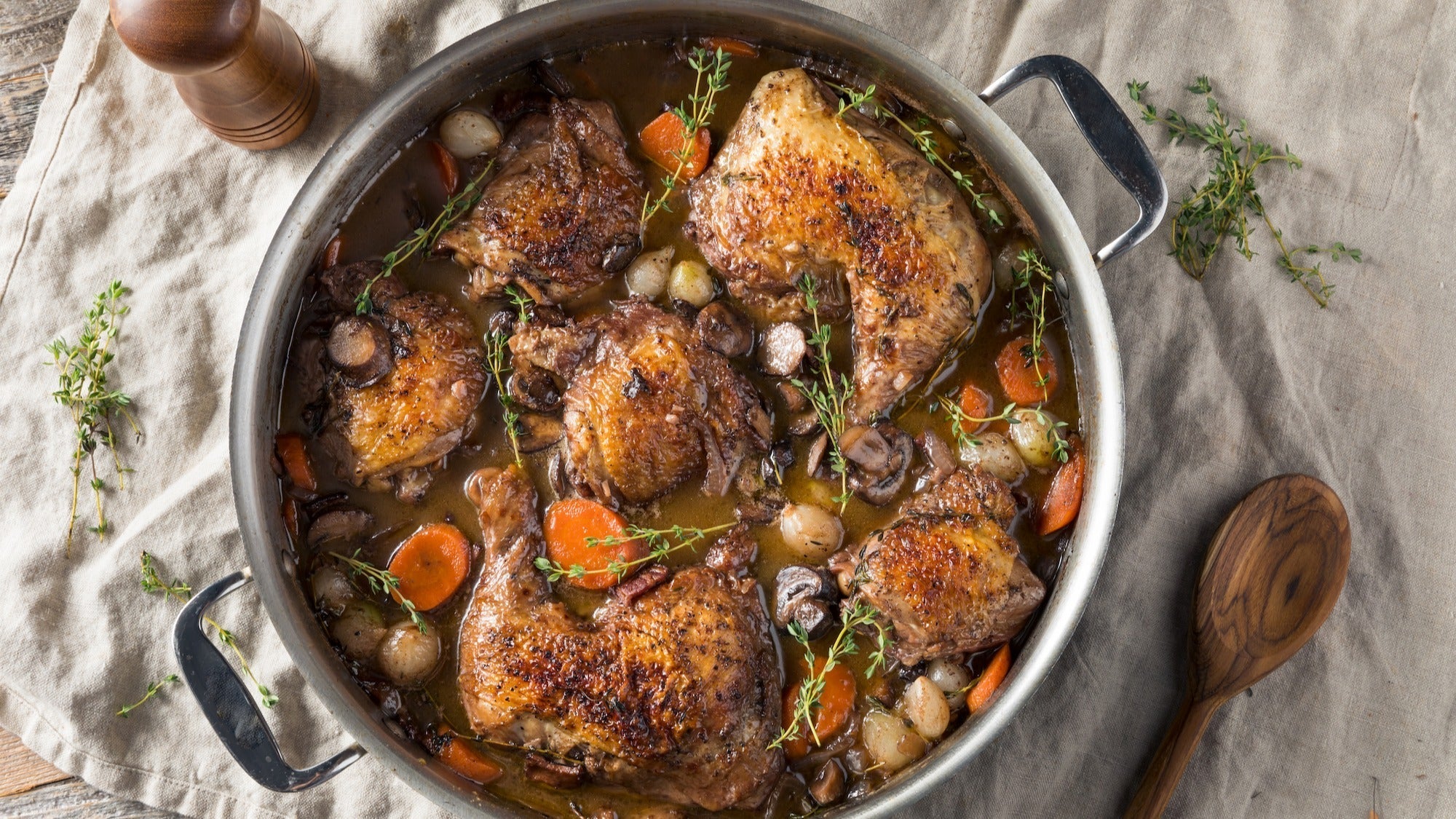 Coq Au Vin with brandy and red wine